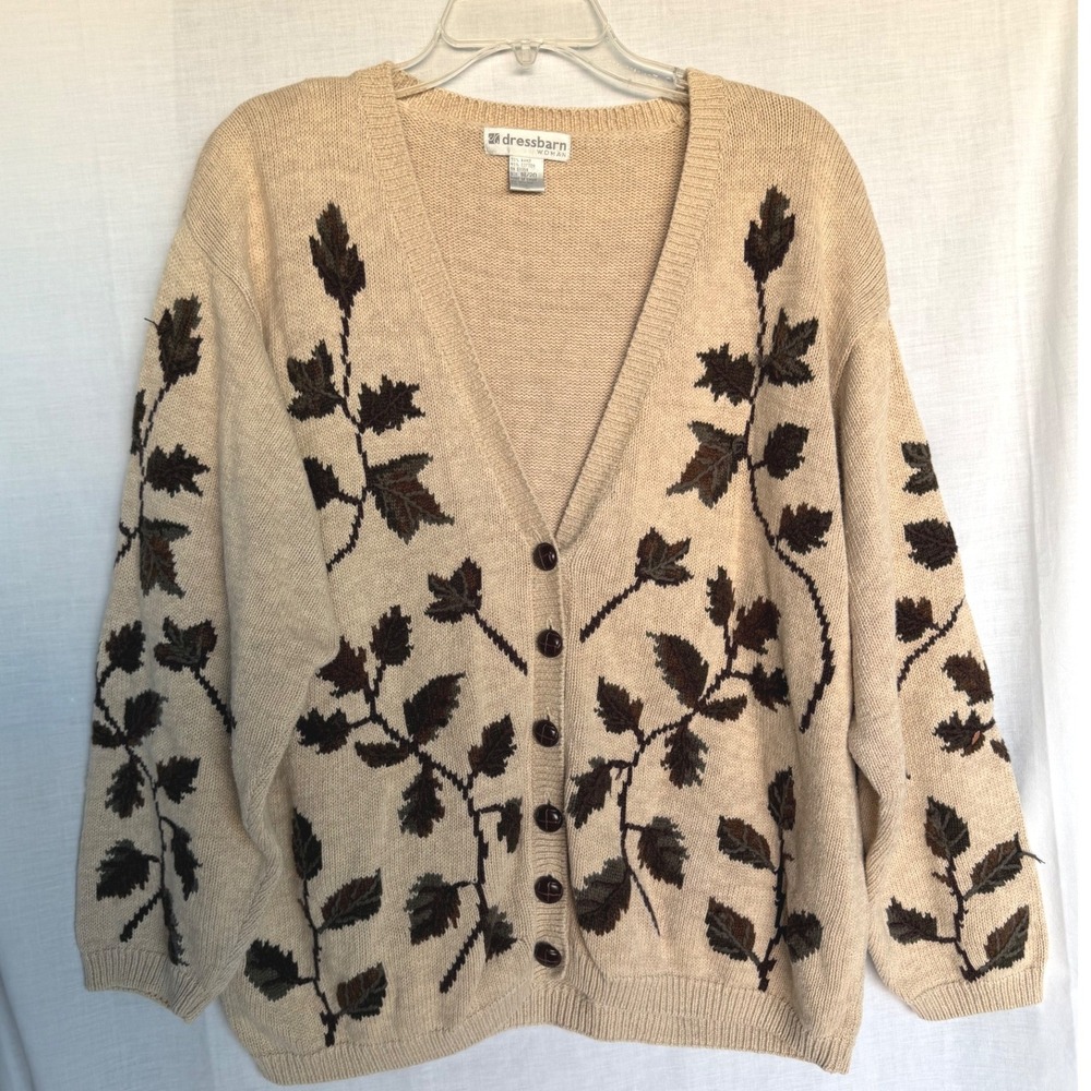 Dressbarn Y2K 2000s Cottagecore Grandma Cardigan Beige Embroidered Sweater 18/20